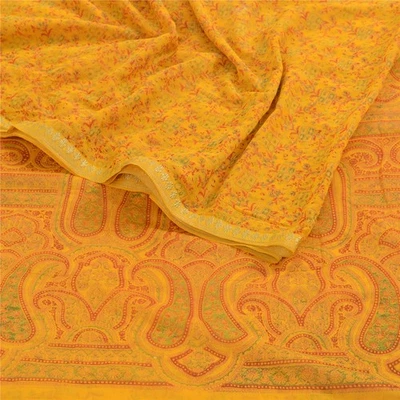 Sanskriti Vintage Yellow Zari Border Sarees Print Chiffon Sari 6+Yd Craft Fabric - Image 1 of 4