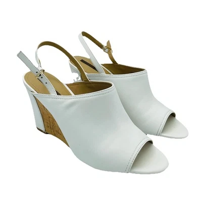 Tahari Heels Womens Size 9 M White Vander LeatherCork Wedge Sandals Peep Toe - Image 1 of 4
