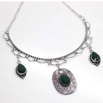 Collar de piedras preciosas vintage enchapado en plata 925 de ónix verde súper oferta 14" JW Foto 1 de 3