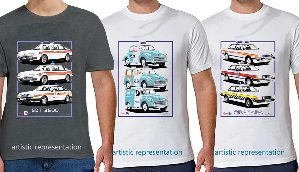 Classic Police Car Art T Shirts - Ford Granada Cortina Zephyr, Rover P6 SD1 ++ - Image 1 of 1