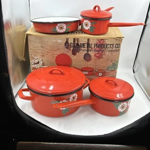 Vintage Red Porcelain Enamel WESTEN 7 Piece Cookware NEW IN BOX. NEVER USED MINT - Picture 1 of 16