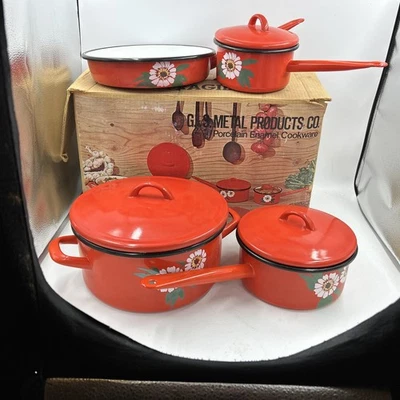 Vintage Red Porcelain Enamel WESTEN 7 Piece Cookware NEW IN BOX. NEVER USED MINT - Image 1 of 4