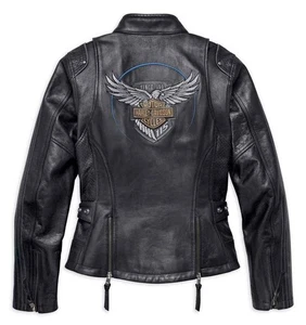 Harley Davidson Women's Black 115th Aniversary Real Cowhide Biker Leather Jacket - Picture 1 of 3