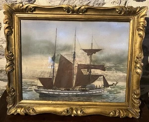 Ancienne gouache signée : marins à la manoeuvre sur une goélette bateau marine - Picture 1 of 14