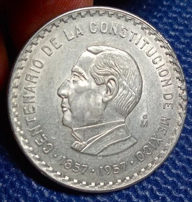 Mexico $10 Pesos 1957 Juarez Centennial Of Constitution .900 Silver coin - Image 1 of 2