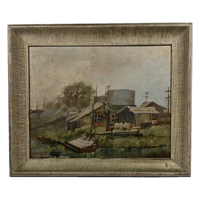 SIGNED VINTAGE INDUSTRIAL RIVER SCENE LANDSCAPE OLD ANTIQUE OIL PAINTING - Image 1 of 4