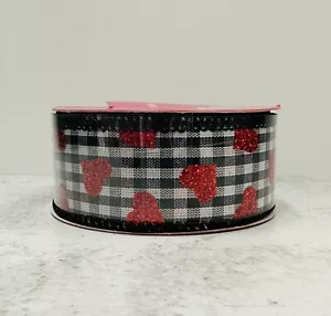 Valentine's Day wired ribbon black white plaid w/ red hearts 1.5in x 10yds - Picture 1 of 1