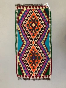 Vintage Turkish Mini Kilim 95x45 cm Wool Small Kelim Runner, shabby Chic - Picture 1 of 8