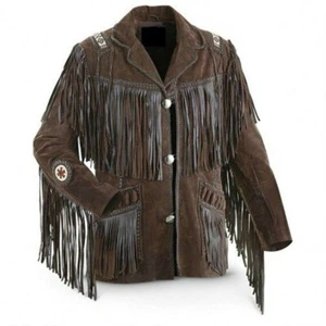 Braune Herren Lederjacke Trachten Western Cowboy Mantel mit Fransen - Bild 1 von 3