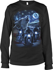 Moonlight Wolf Howl, Motorcycle Ride, Us Flag Long Sleeve T-shirt