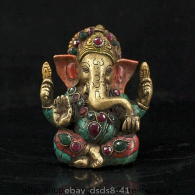 4.8 "Tibet Bronze Inlay Turquoise Ganesh Lord Ganesha Elephant God Buddha Statue - Image 1 of 4