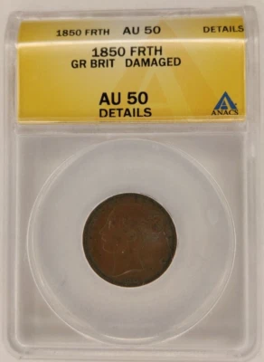 1850 Great Britain AU50 Det. ANACS Copper Farthing Coin Circulated Victoria 2A - Image 1 of 4