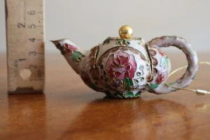 Vintage Cloisonne Minature Teapot Coffee Kettle Christmas Floral Ornament Flower - Picture 1 of 12