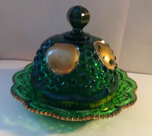 Antique Victorian EAPG Emerald Green & Gold Gilt Covered Round Butter Dish - Picture 1 of 6