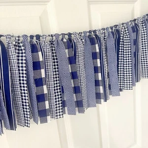 Farmhouse Mantel Garland Blue White Check Mantel Decor Window Valance Rag Tie - Picture 1 of 10