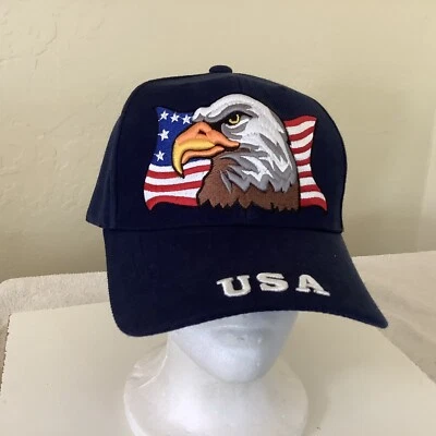 Sombrero con tirantes azul bordado águila bandera americana ondeando EE. UU. Foto 1 de 4