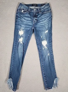 Judy Blue Jeans Damen 5/27 Blau Mid Rise Skinny Fit Destroyed Fransensaum Capri - Bild 1 von 10