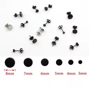6 Pairs Black Flat Round Ear Studs Stainless Steel Plug Stud Earrings Men Women - Picture 1 of 7