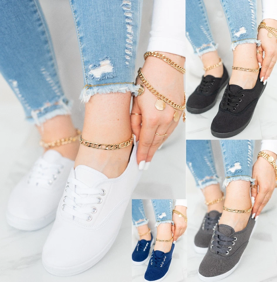 WOMENS PLIMSOLES FLAT LADIES LACE UP GIRLS PUMPS CANVAS PLIMSOLLS TRAINERS SIZE - Image 1 of 1