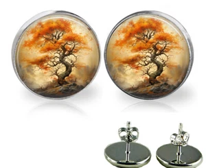 Unique Fall Autumn Tree Glass Top Stud Earrings Fall Colors Season Lover Gift - Picture 1 of 4