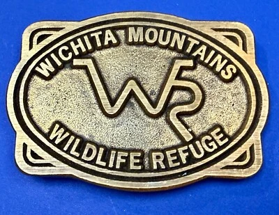Hebilla de cinturón conmemorativa de latón macizo del refugio nacional de vida silvestre de las montañas Wichita Foto 1 de 4