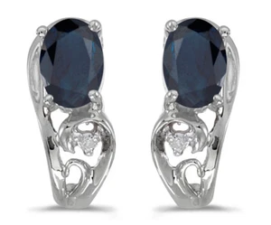 10k White Gold Oval Sapphire And Diamond Earrings - Picture 1 of 2