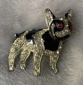 Vtg Pot Metal Art Deco  French Bulldog Red Rhinestone Pavé Black Enamel Brooch - Picture 1 of 4