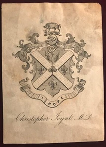19th Cent Original Armorial EX LIBRIS BOOKPLATE Christopher Joynt MD - Picture 1 of 2