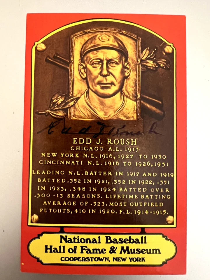 EDD ROUSH AUTH. AUTO RED BACKGROUND MLB HOF POSTCARD NY GIANTS, REDS NM - Image 1 of 1