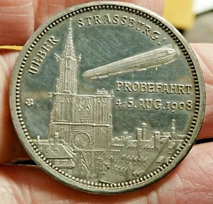 1908 SILVER THALER TEST DRIVE ZEPPELIN OVER STRASSBURG CATHEDRAL S-660 - Picture 1 of 2