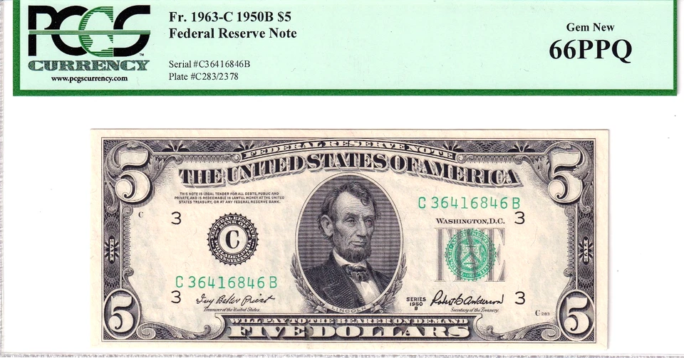 1950-B Federal Reserve Note Philadelphia CB Block PCGS Gem New 66PPQ #C36416846B - Image 1 of 2