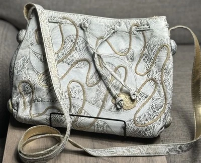Bolsa tiracolo Carlos Falchi couro vintage estampa de cobra branca prata ouro - Imagem 1 de 4