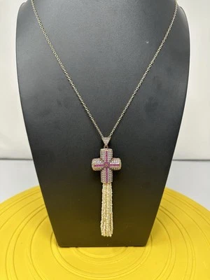 纯银美丽十字架吊坠项链红宝石水晶珍珠 35 克 30 英寸 — 第 1/4 张图片