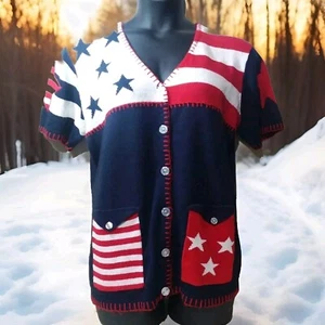 Carolina Colours Plus patriotischer Kurzarm Pullover Knöpfe Taschen Größe 14/16 - Bild 1 von 9