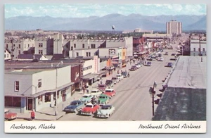 Anchorage Alaska 1950er Street View Autos Northwest Orient Airlines Postkarte - Bild 1 von 2