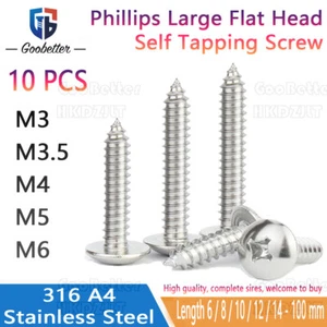 Phillips Large Flat Head Self Tapping Screw M3 M3.5 M4 M5 M6 A4 Stainless Steel - Picture 1 of 6