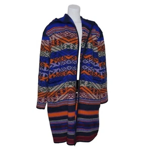 Peruvian Connection Blanket Coat Sz 22 Hooded  Coat Blue Orange Aztec Boho MINT! - Picture 1 of 10