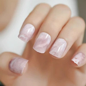 Light Pink Marble Short Square Press On Nails - Glue On False Set - 24 pcs Kit - Picture 1 of 5