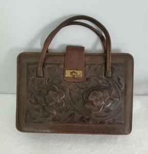 Brown Mexican Leather Purse Handbag Hand Tooled Embossed Original 1950's VTG - Picture 1 of 7