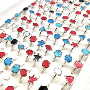 30pcs Mix Geometric Stone Ring Artistic Cute Turquoise Silver Tone Stone Rings - Picture 1 of 6