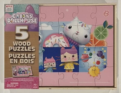 Dream Works Gabby's Dollhouse Set Of 5 Wood Puzzles In Wooden Storage Box NEW - Image 1 of 4