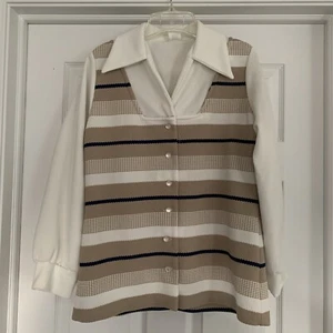 VINTAGE 60s-70s Dagger Collar Double Knit Polyester Button Up Retro Secretary - Picture 1 of 9