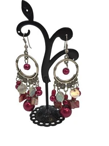 Boho Silver & Red Dangle Hoop Earrings With Shell & Bead Accents - Picture 1 of 1