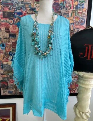 Poncho Top Colleen Lopez Azul Turquesa Crochet y Encaje M Nuevo BOHO Foto 1 de 4