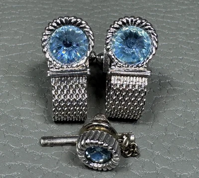 Gemelos vintage enchapados en oro blanco envolventes de piedra azul con tachuela Foto 1 de 4