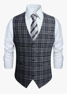 Red Colour HISDERN Men's Formal Waistcoat Wedding Party Cotton Plaid Suit Vest - Picture 1 of 7