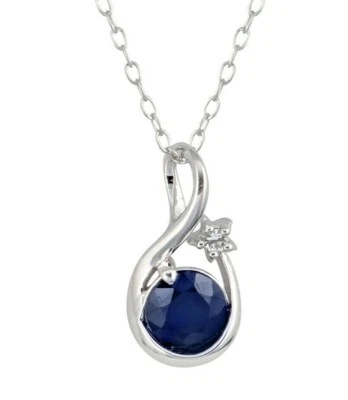10k White Gold Genuine Round Sapphire Pendant Necklace - Image 1 of 4