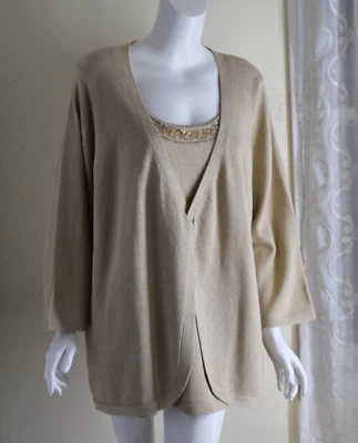 Suéter Largo Susan Graver Imitación Doble - Talla 2X Suave Bonito Metálico Dorado Cuentas Ricas Foto 1 de 4