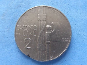 382) Italien Emmanuel III Nickel 2 Lira 1927 seltenes Datum BESCHÄDIGT! 6,50£ - Bild 1 von 2