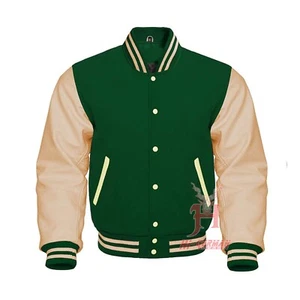 Varsity Letterman Bomber Forest Green Wool Genuine Cream Leather Sleeves Jackets - Picture 1 of 6